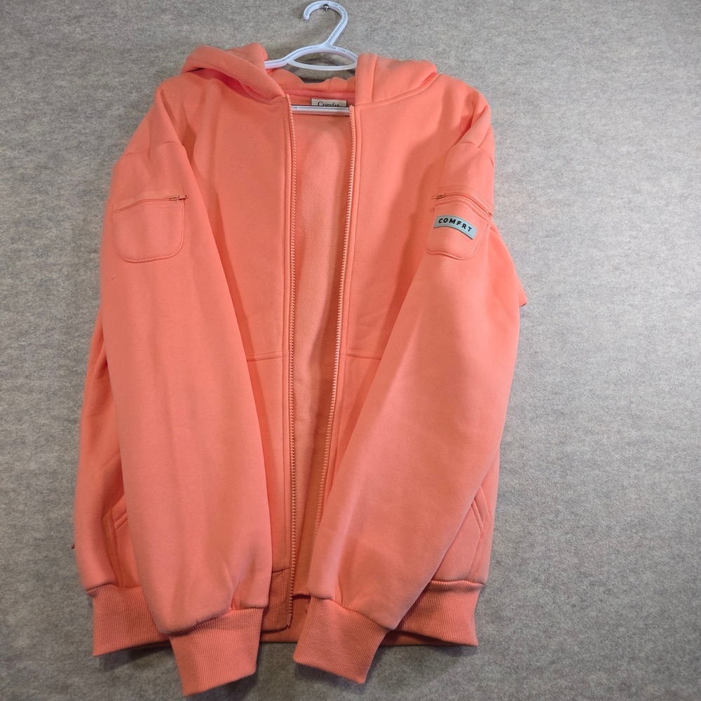 Comfrt Full Zip Hoodie Peach Coral Fleece Utility Sleeve Pockets Small